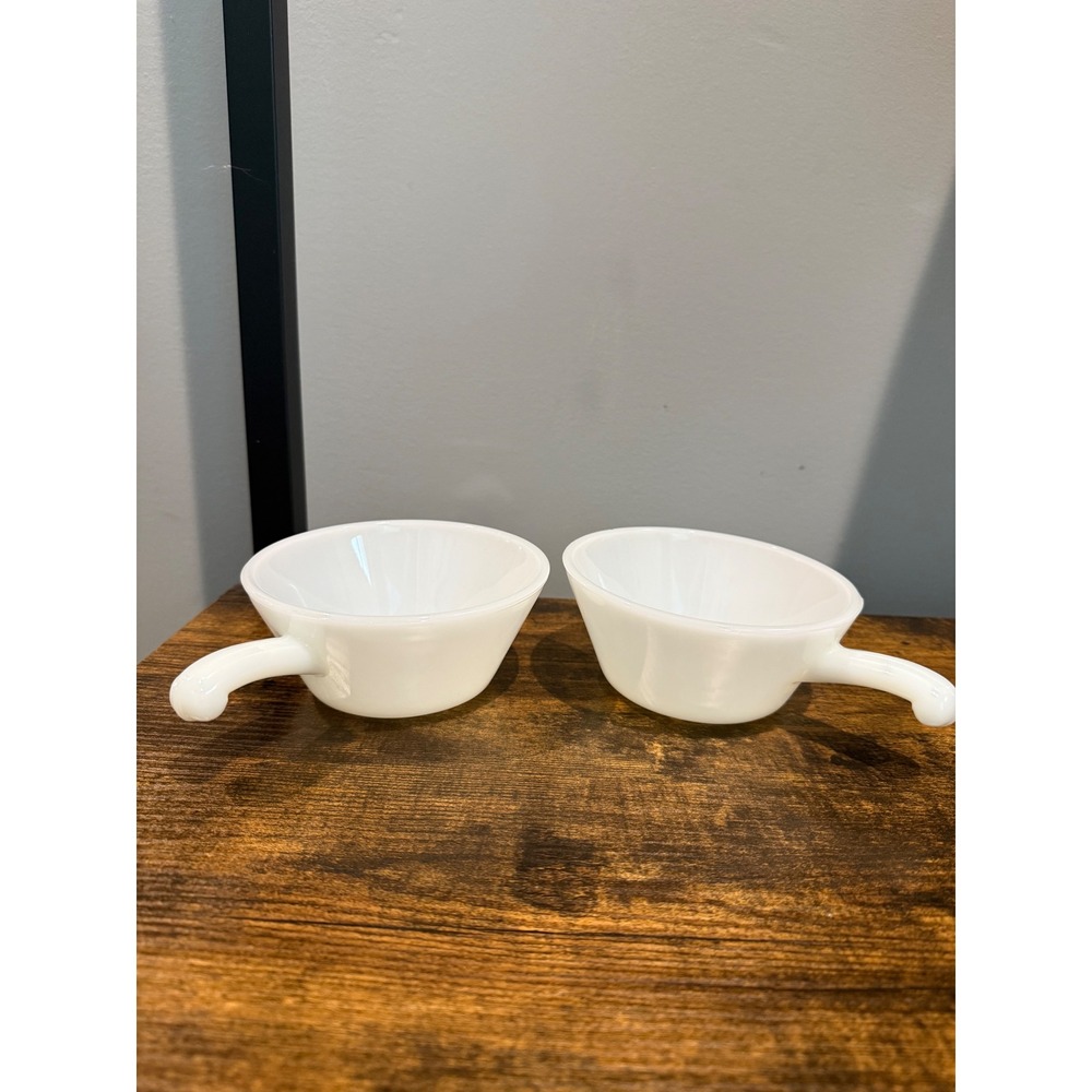 Glasbake Milk Glass Chili Soup Bowls White Hook Handle Oven Proof Set of 2 USA